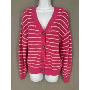 Loft Cardigan Sweater Women Small Pink Striped Oversized V Neck Cozy Casual